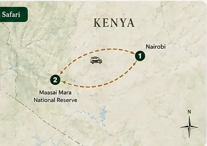 Route map for 2-Day Masai Mara Lion Encounters & Endless Savannah Safari Tour